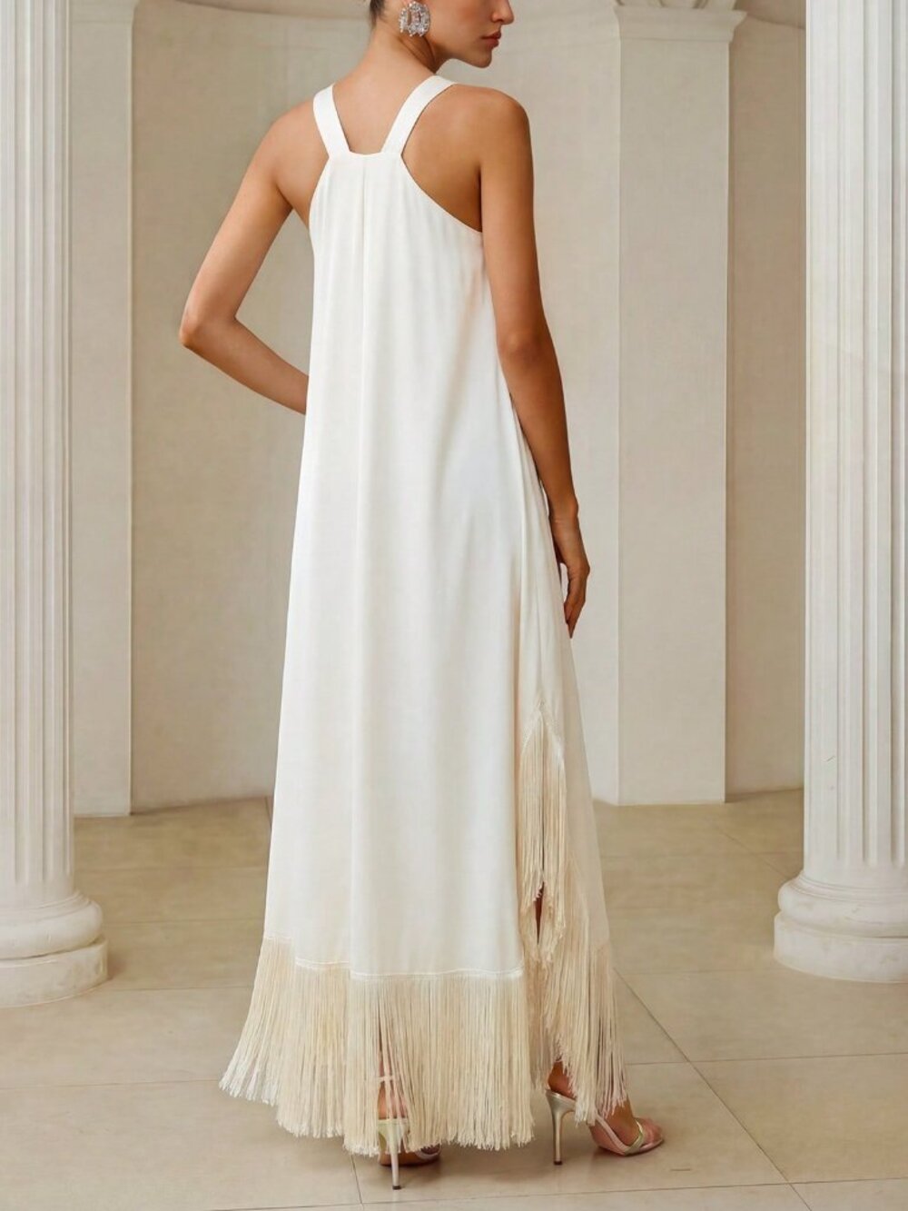 Women's Fringe Hem Cross Halter maxi Dress - Picture 2 of 6